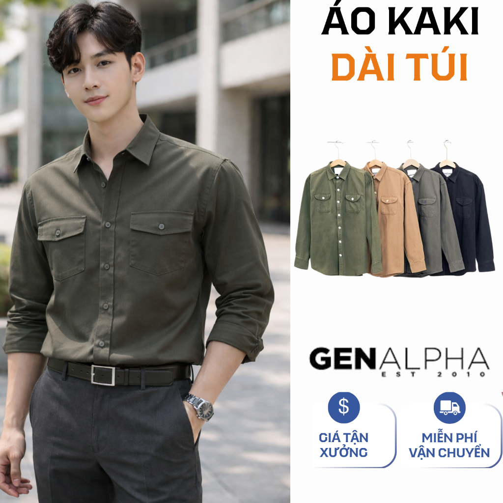 Sơ mi nam kaki 2 túi GEN ALPHA , chất vải kaki dày dặn, form slimfit thoáng mát GEN095
