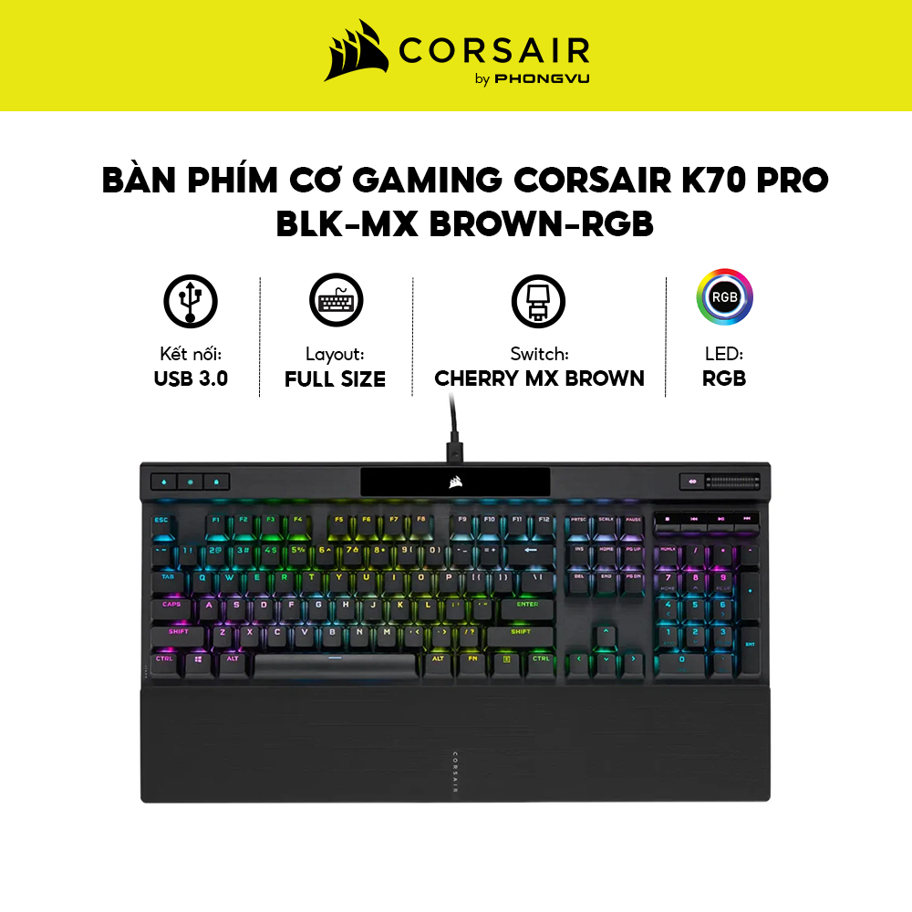 Bàn Phím Cơ Gaming Corsair K70 PRO MX RGB CH-9109410-NA – Cherry MX, Full Size, USB 3.0, BH 24 Tháng