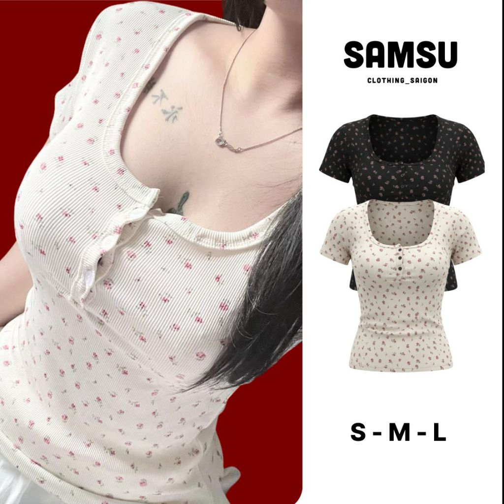 Áo thun nữ cổ U tay ngắn hoa nhí phong cách Hàn Quốc chất thun tăm lạnh ôm body bare Samsu.clothing_