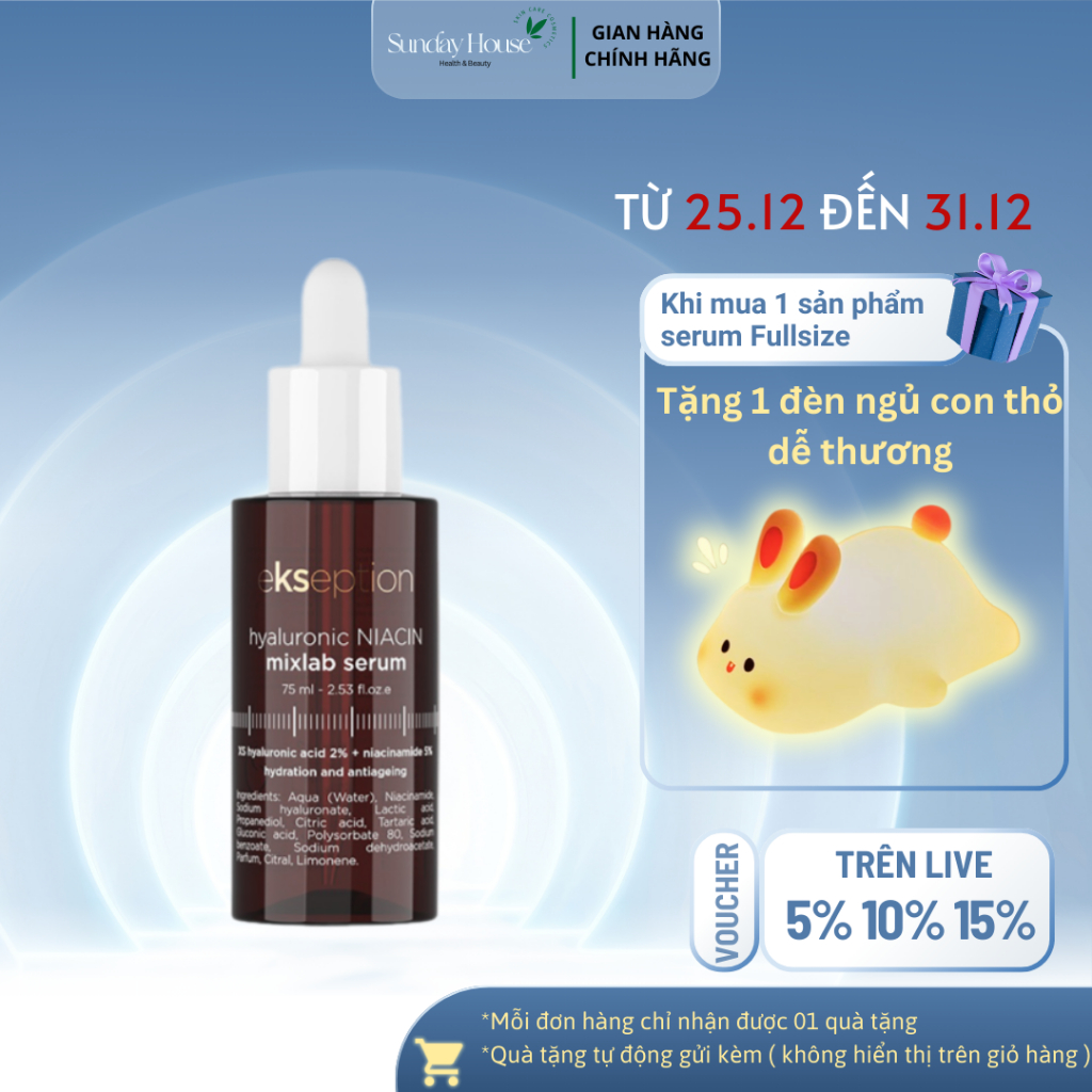 Serum HA + 5% B3 tinh chất NIACIN B3 sáng da, mờ thâm mụn Ekseption Hyaluronic Niacin 75ml
