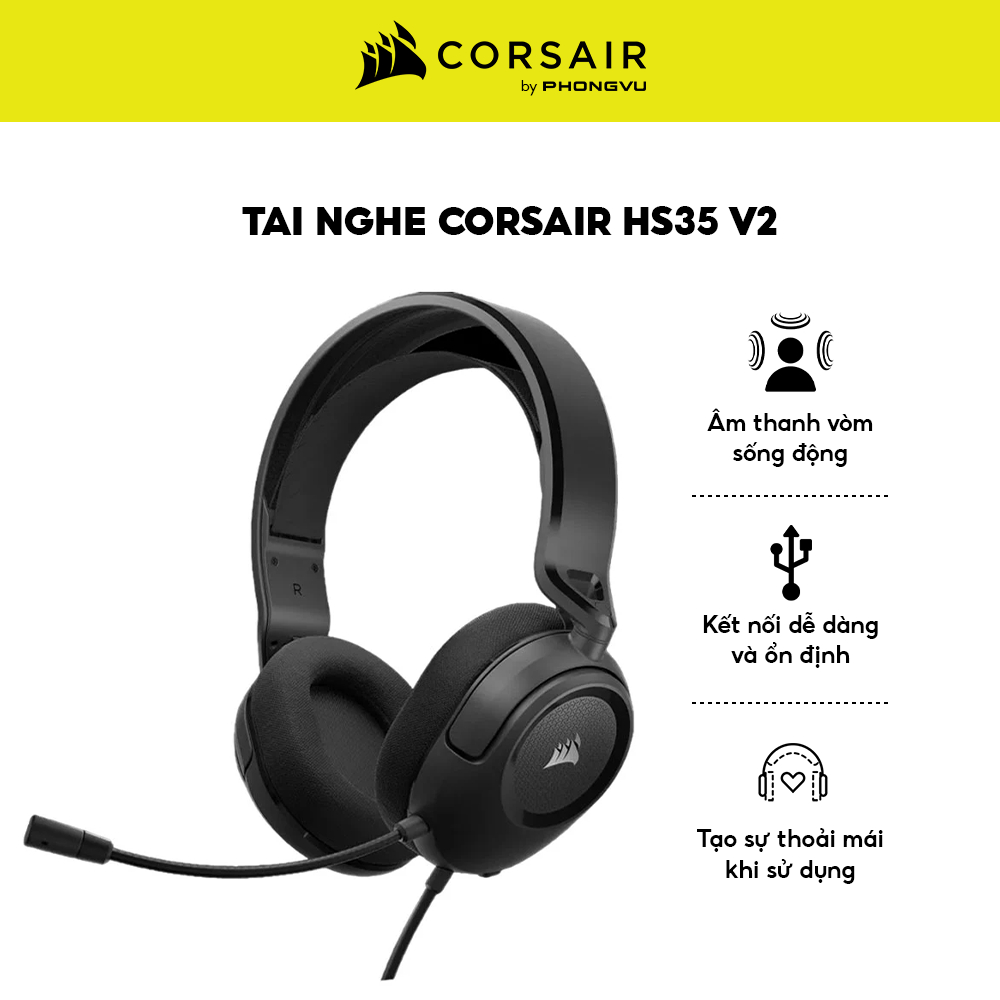 Tai Nghe Gaming Corsair HS35 v2 – Driver 50mm, Jack 3.5mm Đa Nền Tảng – Bảo Hành 24 Tháng