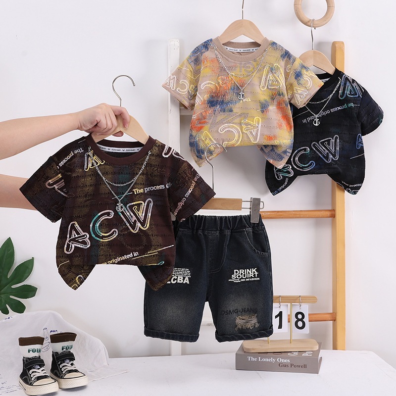 TB21 set bộ bé trai nhỏ size80-120 6-22kg áo thun ngắn tay quần short jean phong cách hiphop hàng qu