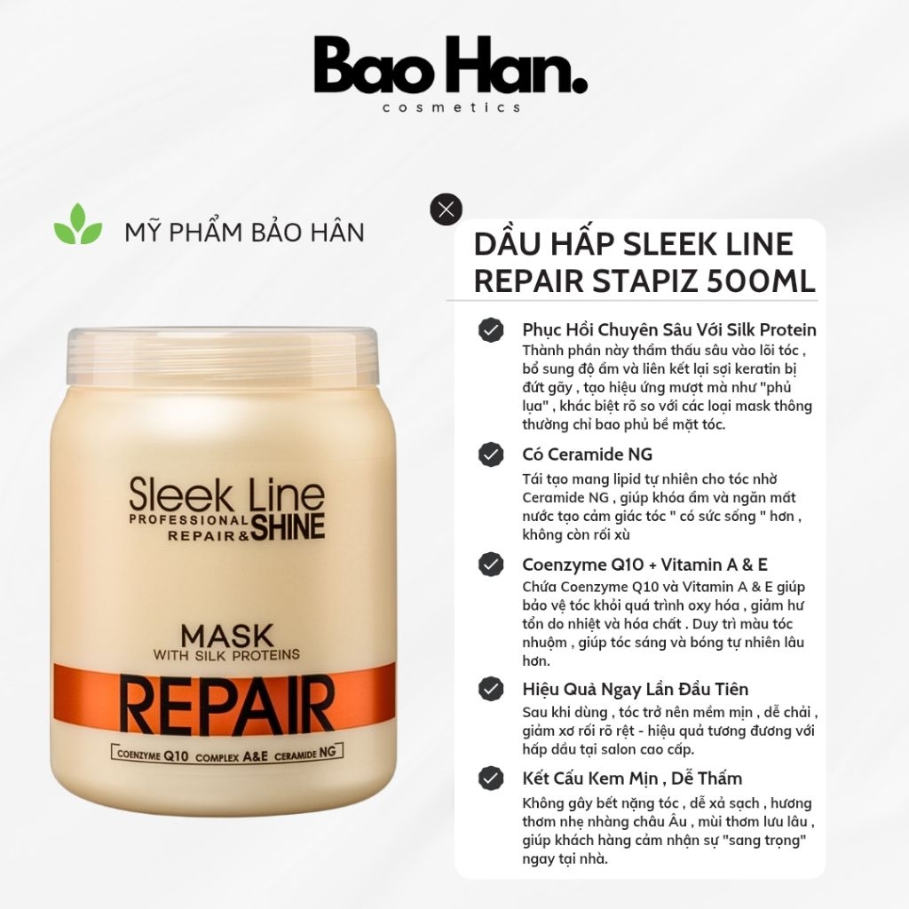 DẦU HẤP/XẢ CHỮA TRỊ SLEEK LINE REPAIR STAPIZ 1000ml