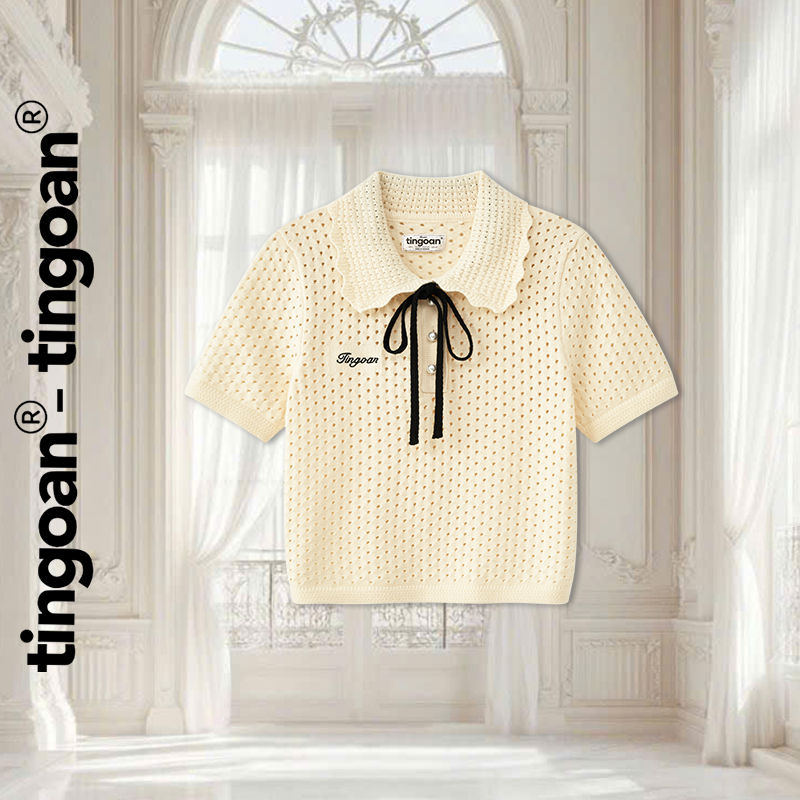 TINGOAN® - Áo dệt kim be vân lỗ phối cổ bẻ dây nơ cổ YOO YOO TOP/ND