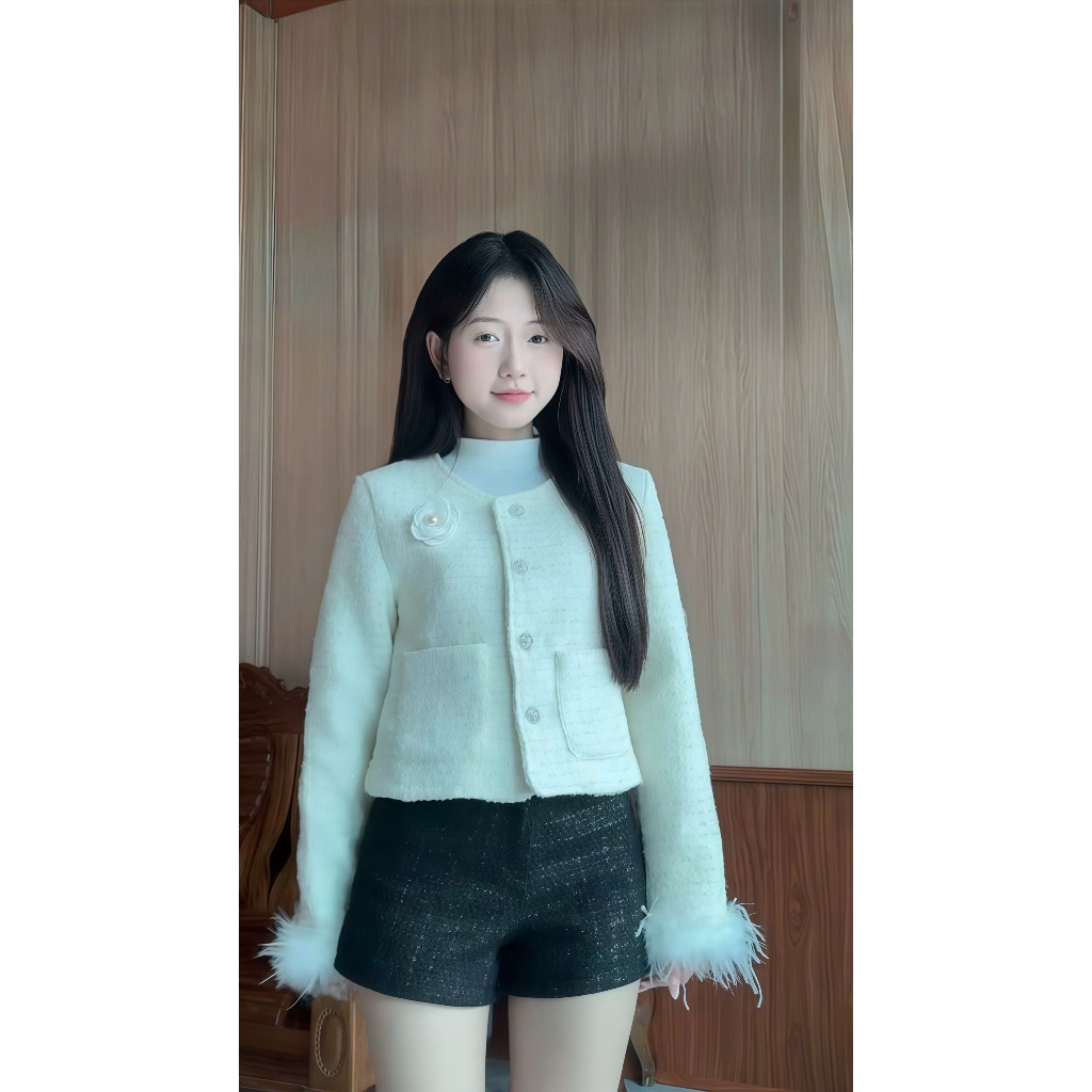 Áo Khoác Dạ Tweed 2 Lớp Phối Tay Lông Vũ Tặng Kèm Ghim Hoa Trà Chất Liệu Dạ Text | BigBuy360 - bigbuy360.vn