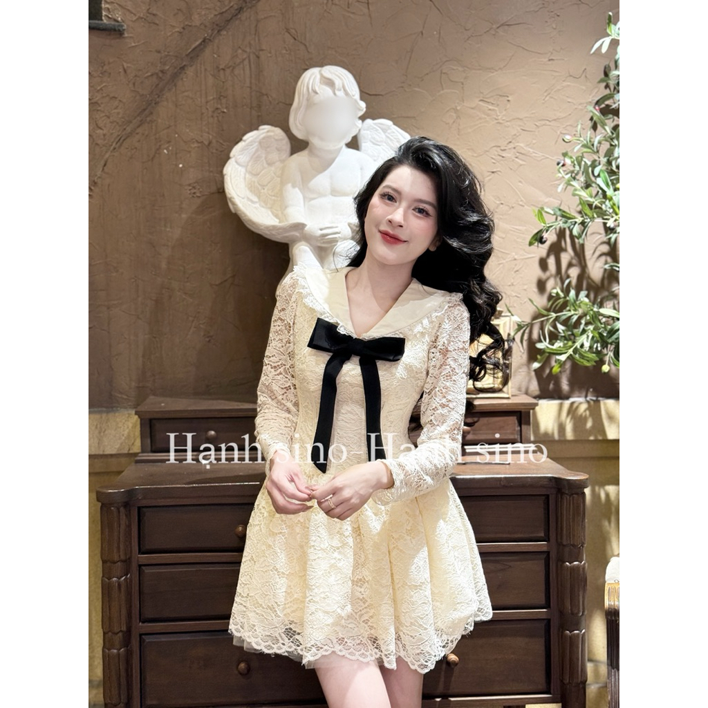 Hạnh sino.97 Váy ren thiết kế nơ ngực tay dài mới