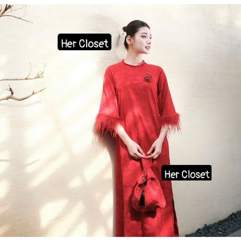 [VÁY THIẾT KẾ] Áo dài kèm hoa tay phối lông vũ váy dáng dài đầm dáng dài sang chảnh đầm đi tiệc váy 