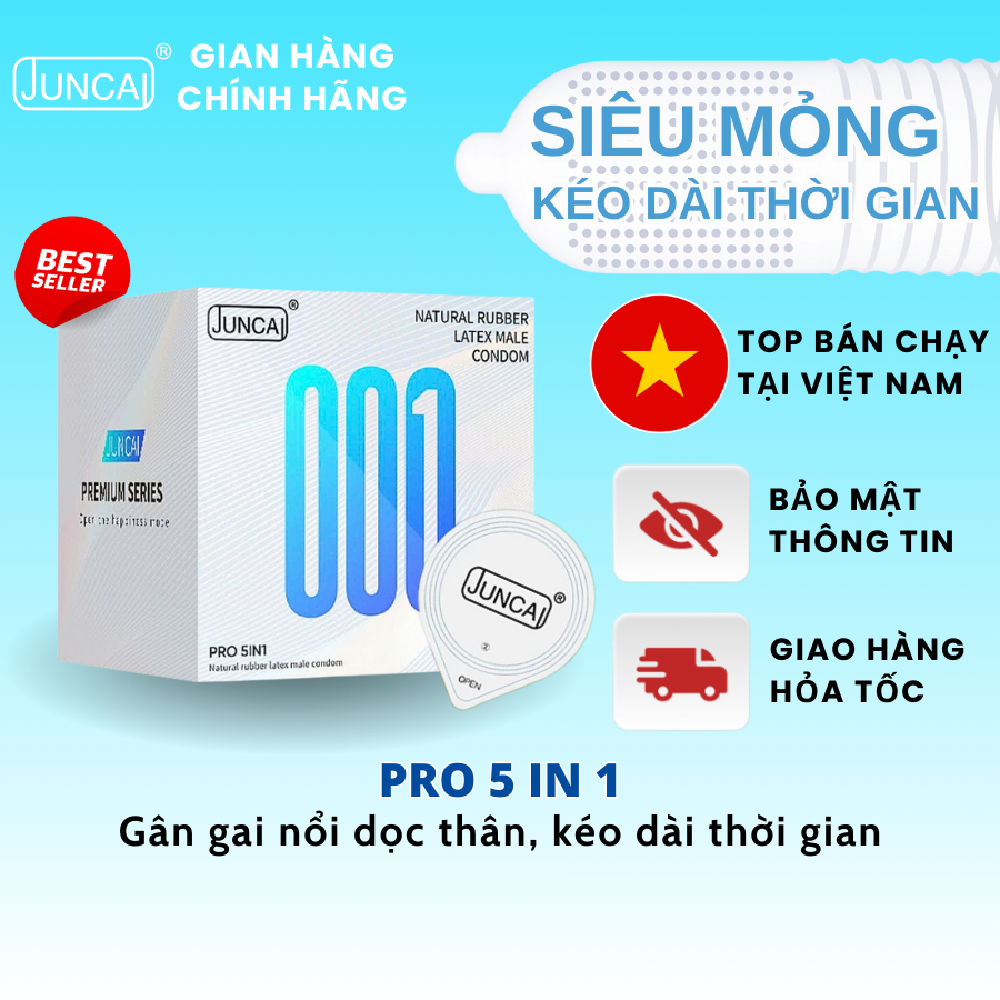 Bao Cao Su Juncai Pro 5 In 1 Kéo Dài Thời Gian Quan Hệ Siêu Mỏng Nhiều Gel Chính Hãng