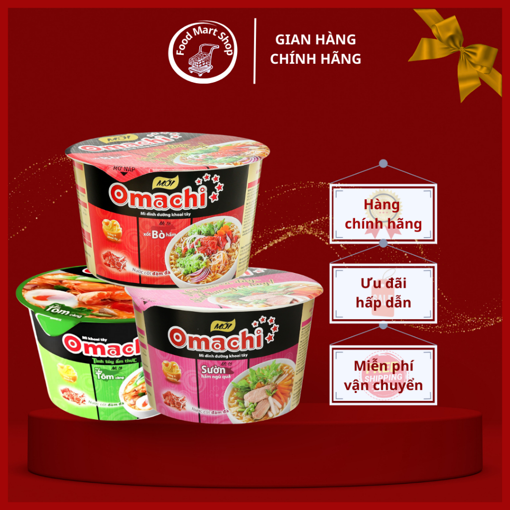 Thùng 18 tô mì khoai tây Omachi vị Bò hầm - Vị Sườn -Vị Tôm Càng (18 tô x 92g)