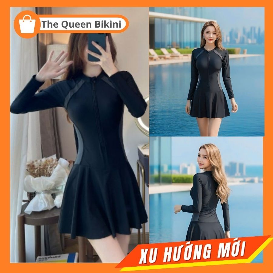 Đồ bơi liền thân nữ Bikini một mảnh kín đáo dạng váy đi biển áo tắm khóa zip tay ngắn & dài size S - 2XL The Queen 082 | BigBuy360 - bigbuy360.vn