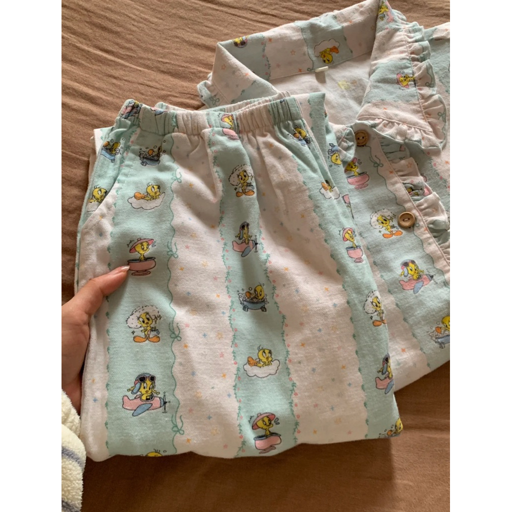 Bộ đồ ngủ Bistro Pijama ✨Bộ ngủ mặc nhà hoạ tiết vịt🪿vintage xanh pastel dịu dàng