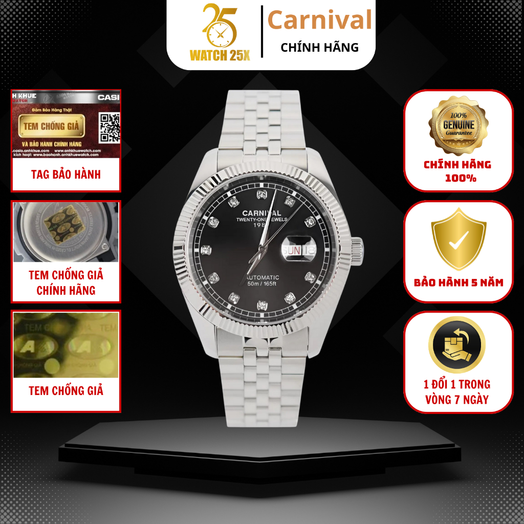 Đồng Hồ Cơ Nam Carnival 8131G-VT-D Watch25x - Kính Sapphire Chống Xước Mặt Đen Đính Đá Lịch Thứ.