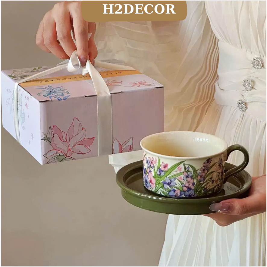 Cốc Cà Phê & Đĩa Sứ Hoa Trà Cổ Điển Kèm Hộp Quà Sang Trọng - H2decor