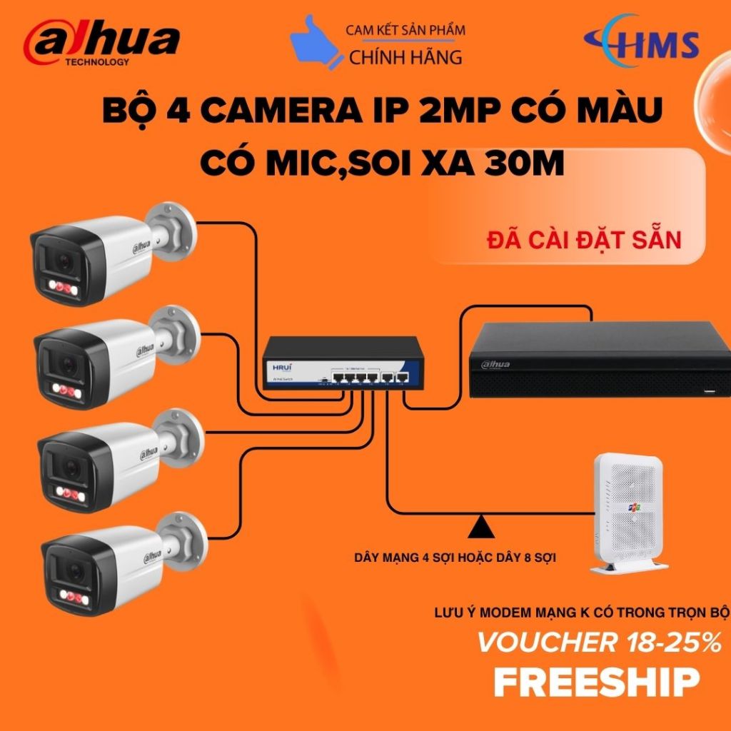 Bộ 4 camera IP Dahua chính hãng 2MP có màu có mic (mã cam HFW1239TL1-A-IL)