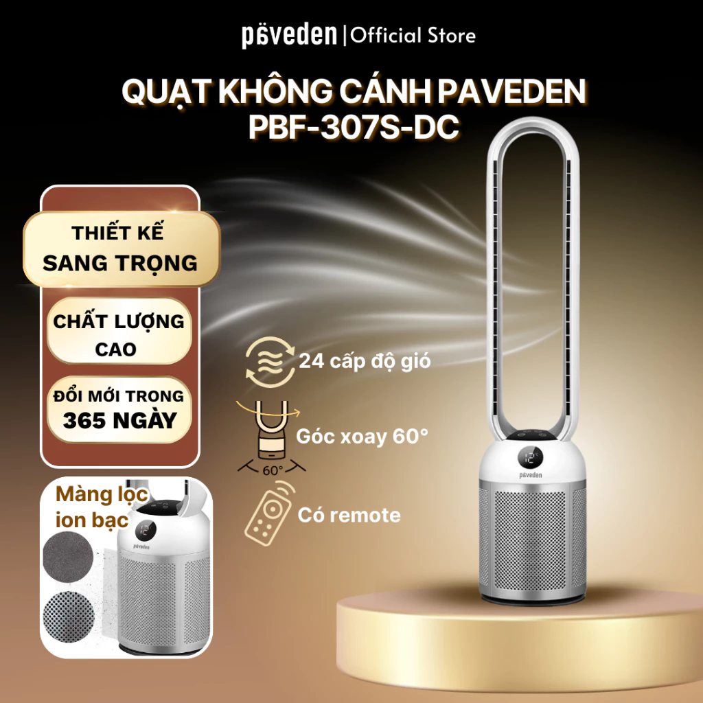 Quạt không cánh tích hợp lọc không khí ion bạc Paveden PBF-307S-DC – Vừa Mát, Vừa Lọc Không Khí