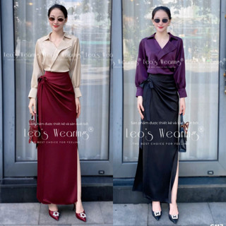 G109 LEOSWEARING Set lụa dubai áo sơ mi cổ chéo be mix Chân váy thắt nơ xẻ tà đỏ 