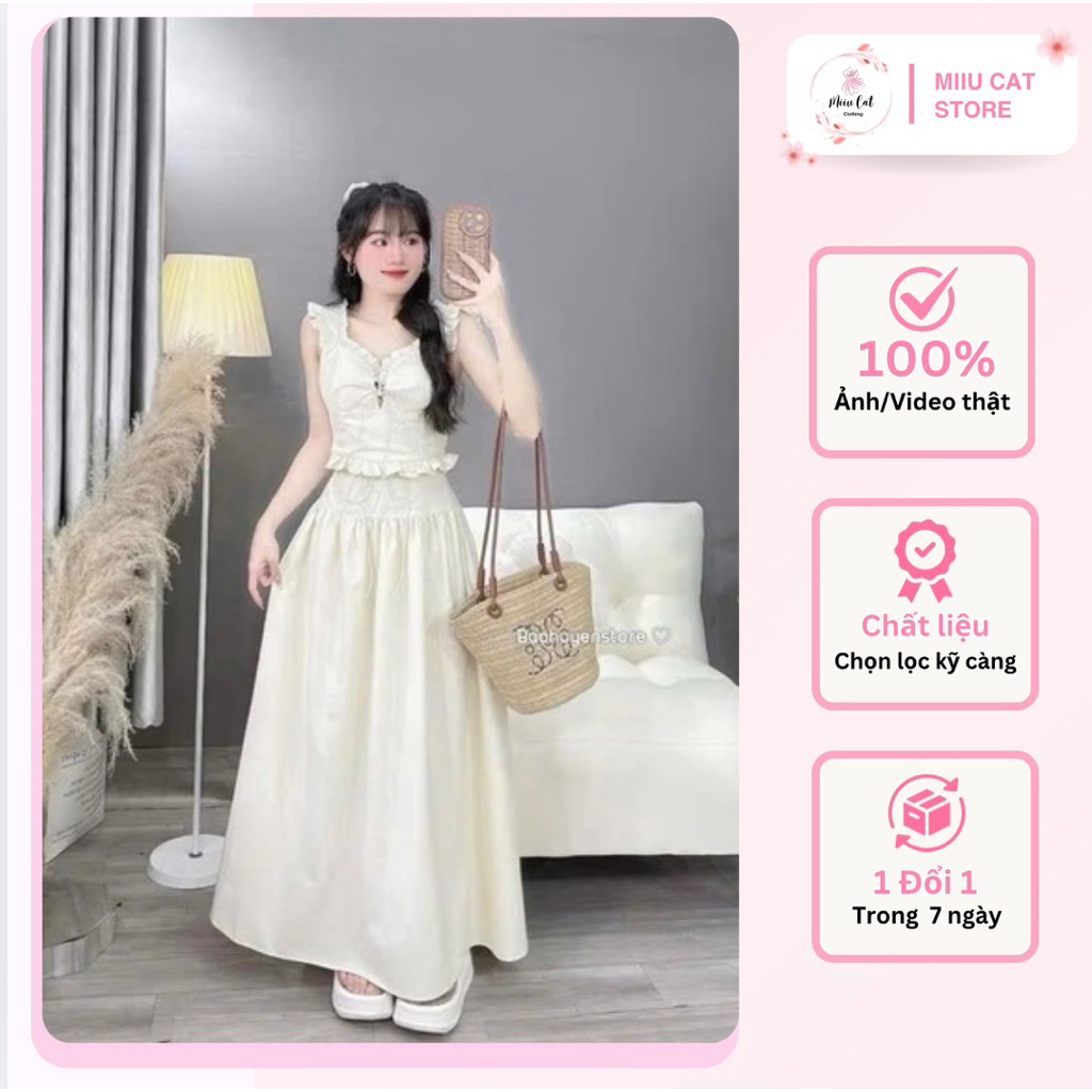 [ 𝐃𝐞𝐚𝐥 𝐌𝐨̛̉ 𝐁𝐚́𝐧 ] Set Áo Crt 2S Bèo Cánh Tiên Đan Đây Phối Chân Váy Midi Buộc Nơ Xinh Xắn Miiu Cat 