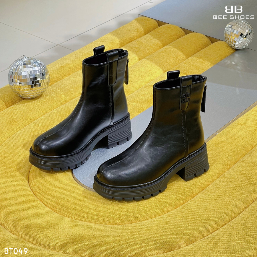 Boot nữ BEESHOES da lì, giày bốt nữ mũi tròn, gót vuông cao 5 phân sẵn màu đen BT049 (Form 1.5)