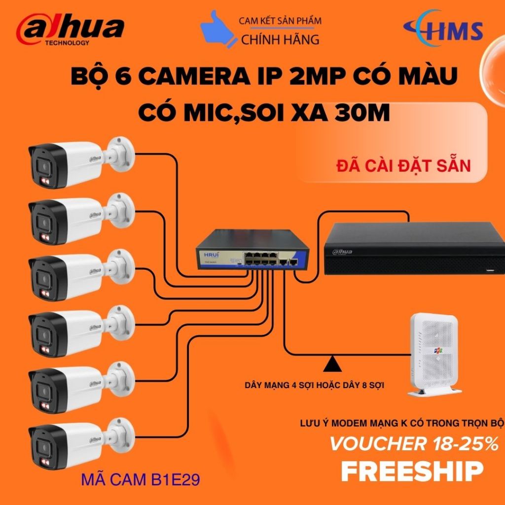 Trọn bộ 6 camera IP Dahua chính hãng màu mic 2MP (mã cam B1E29)