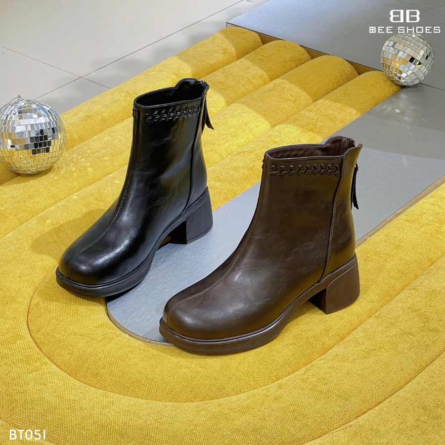 Boot nữ BEESHOES da lì, giày bốt nữ cổ thấp mũi tròn đế vuông cao 5 phân sẵn màu nâu - đen BT051 (Fo
