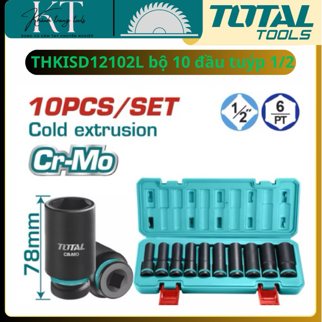 TOTAL THKISD12102L 1/2” Bộ 10 Đầu Tuýp Dài 78mm Thép CrMo Chịu Lực Dùng Máy Siết Bu Lông