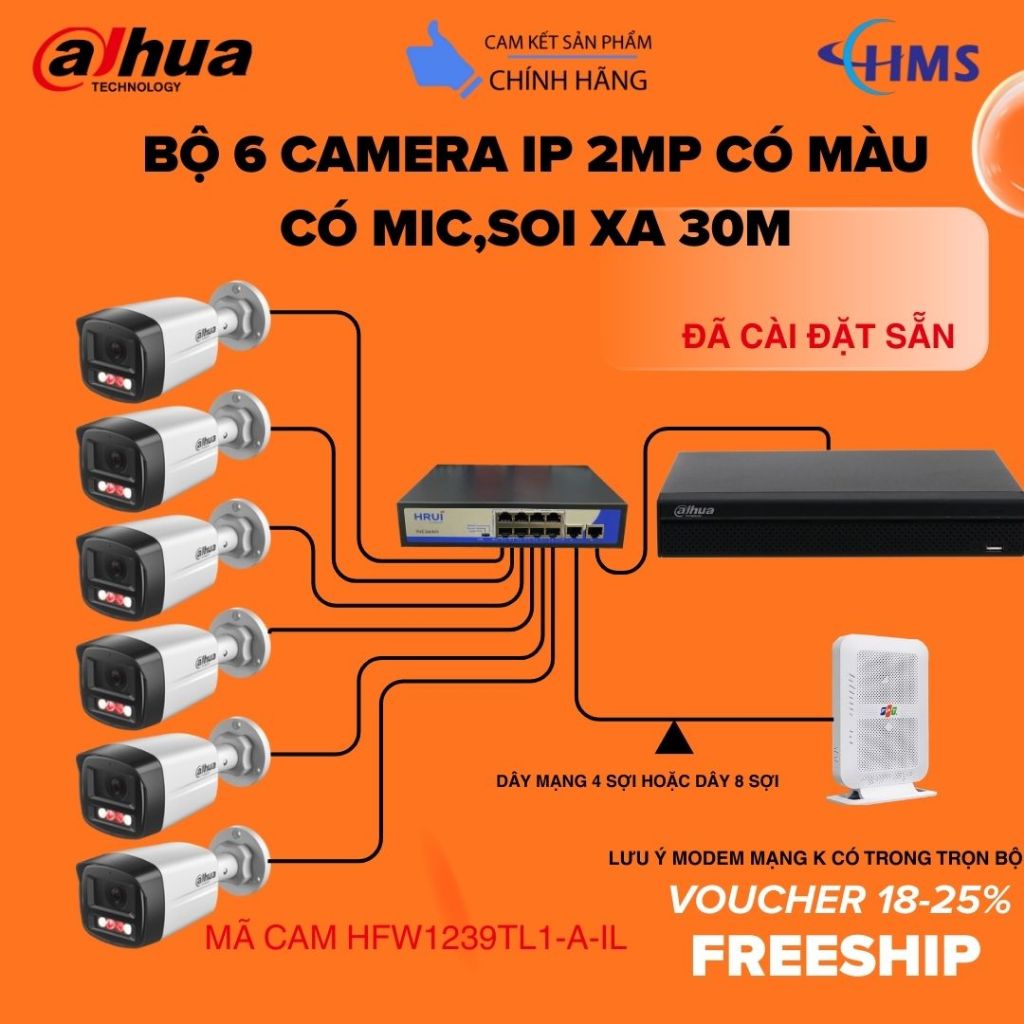 Trọn bộ 6 camera IP chính hãng Dahua Màu Mic ( mã cam HFW1239TL1-A-IL)