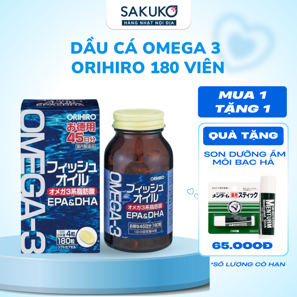 Viên uống dầu cá omega 3 ORIHIRO SAKUKO cải thiện trí nhớ, bổ mắt, bổ não, tim mạch180v nội địa Nhật