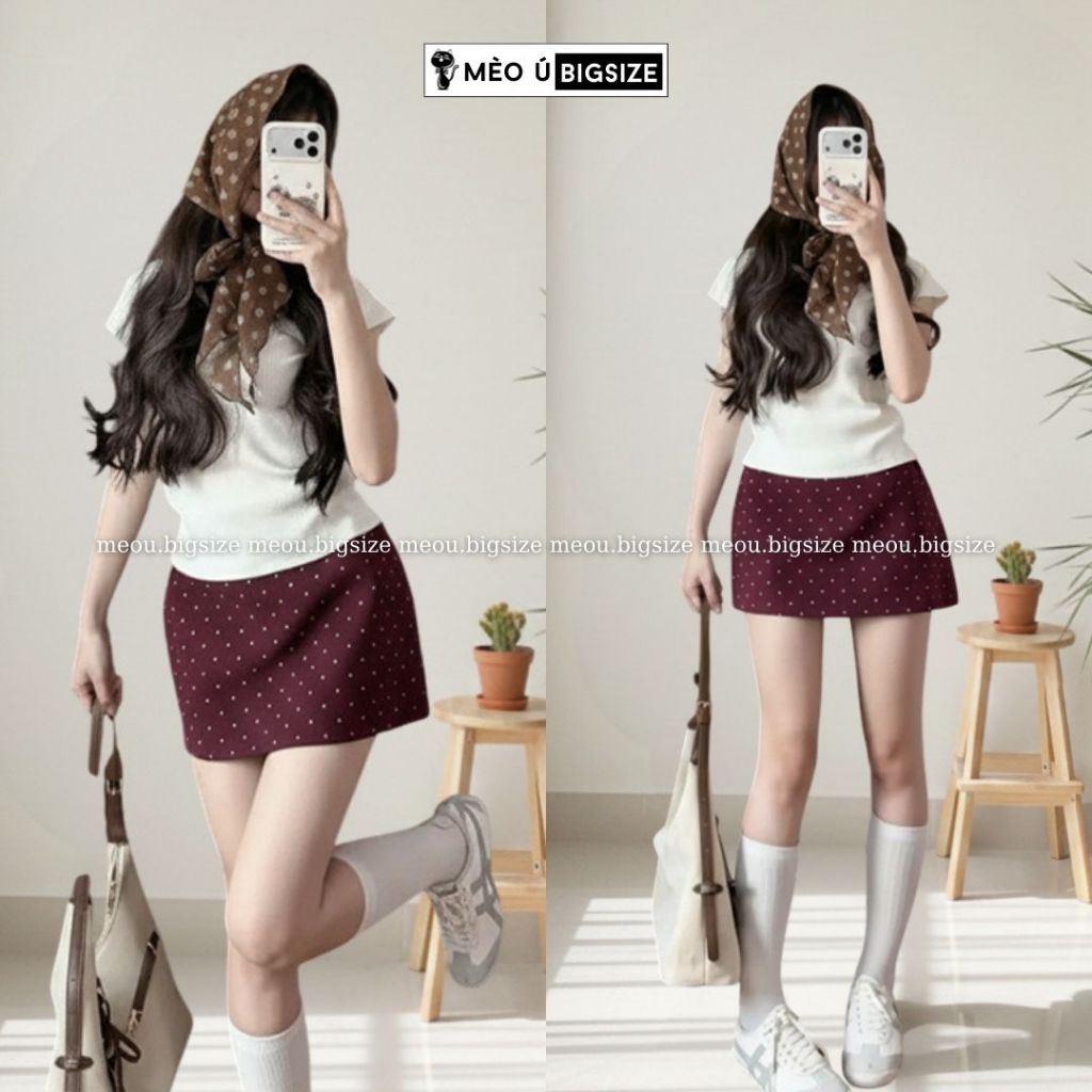 Chân váy nữ BIGSIZE Mèo Ú chân váy dáng ngắn form chữ A chất dạ ép khóa kéo sau họa tiết chấm bi phong cách Hàn Quốc 590 | BigBuy360 - bigbuy360.vn