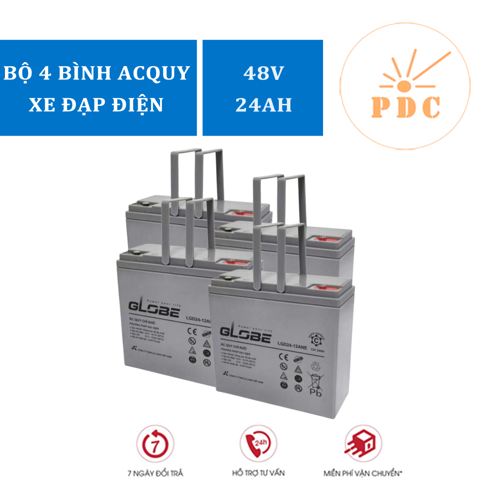 Bộ 4 Bình Ắc Quy Xe Đạp Điện GLOBE 12V-24AH, LGD24-12ANE