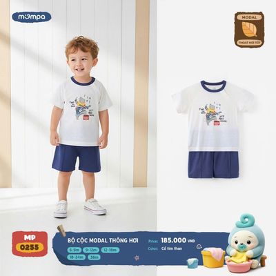 Đồ bộ cộc tay Mompa cho bé 6 tháng - 3 tuổi vải Modal lỗ thông hơi thoáng khí mềm mại DQ 0255