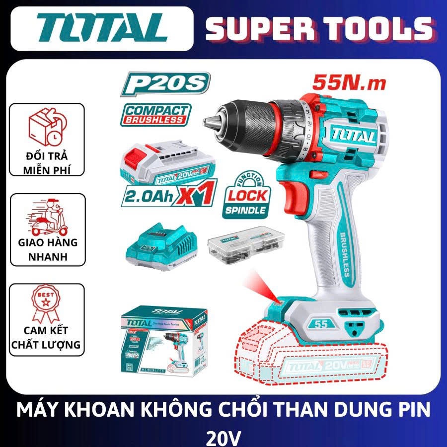 Máy khoan vặn vít dùng Pin Total TDLI204531 - 20V, Không chổi than, Autolock, 10mm