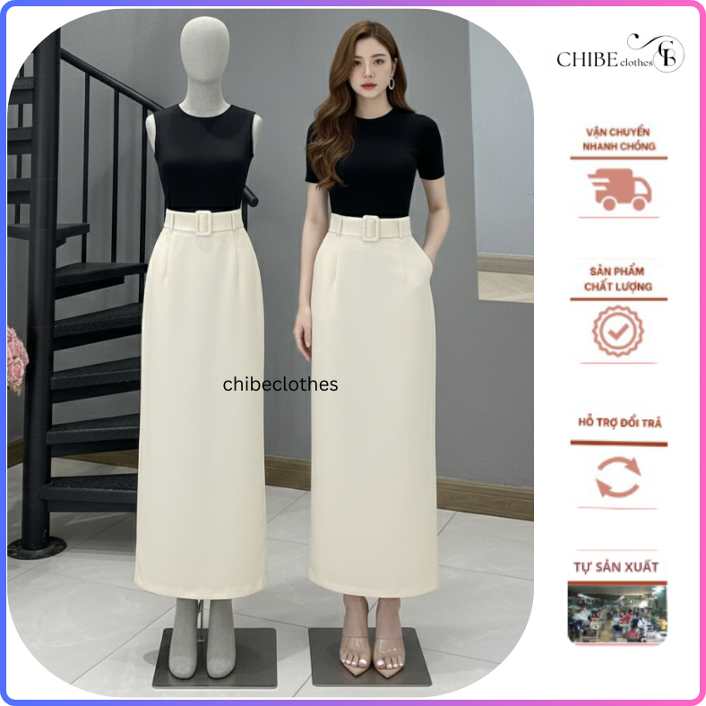 Chân Váy Công Sở Suông Dáng Dài 90cm_ Kèm Đai_Có Lót Full Váy, Chất Vải Vitex, Chân Váy Công Sở_CV56