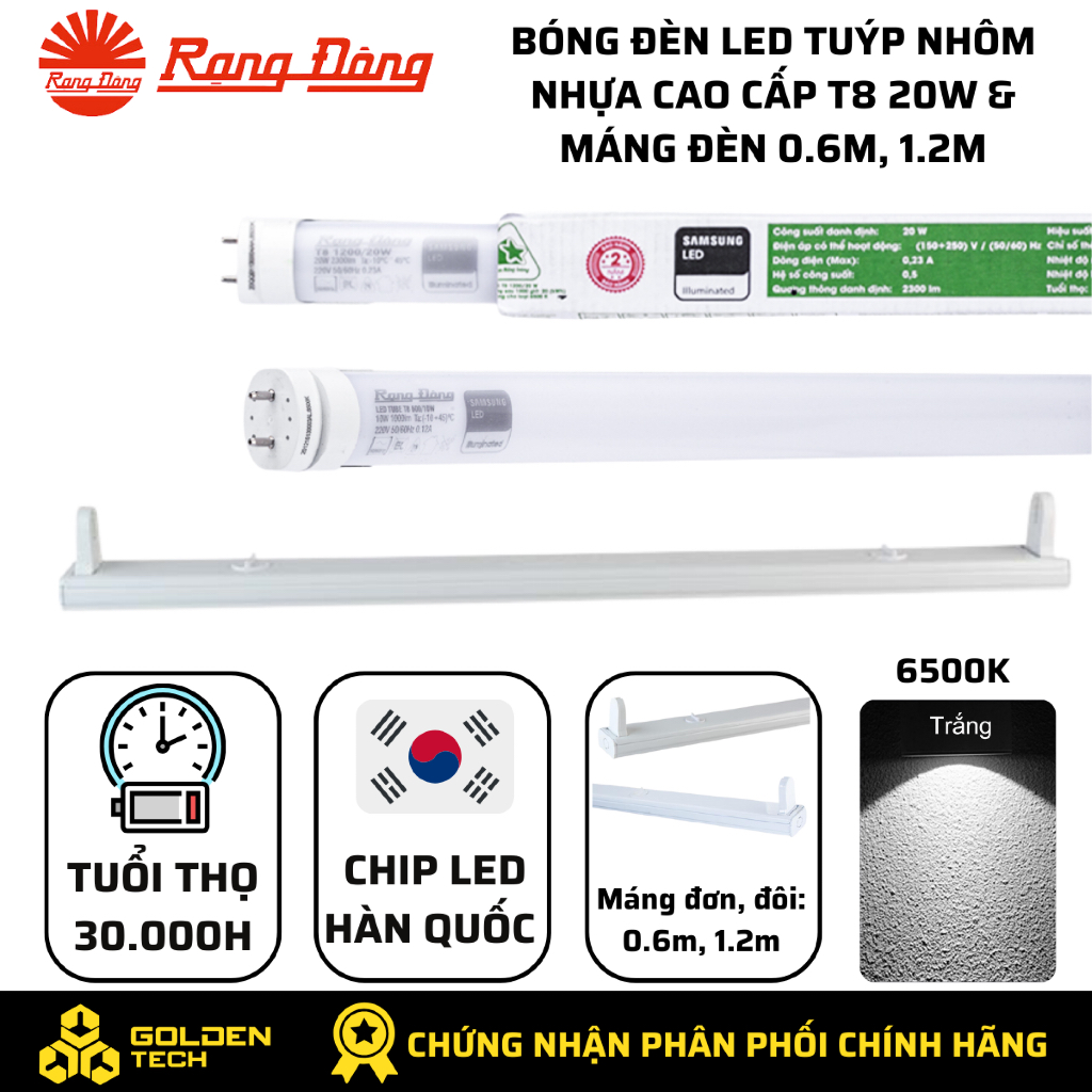 Bóng đèn Led Tuýp Nhôm nhựa T8 Rạng Đông 1.2m 20W Ánh sáng trắng 6500K & Máng đèn đơn, đôi