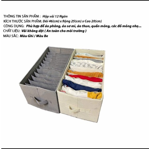 Hộp Vải Đựng Quần Áo Chia 12 Ngăn - Hộp Đựng Đồ Sắp Xếp Tủ Quần Áo Chống Bụi