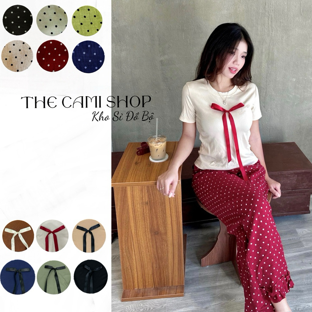 CM33 Bộ Thun Tăm Lạnh Cổ Tròn Đính Nơ + Quần Ông Suông Đũi Chấm Bi Lai Bèo Mặc Xinh sz M-L