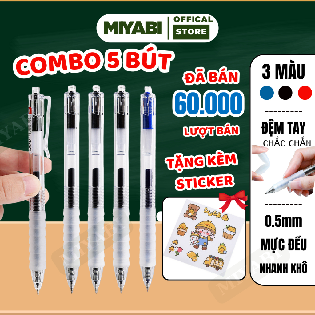 COMBO 5 Bút bi nước mực gel ngòi ST 0.5mm bút gel bấm đệm tay nhanh khô, bút bi nước mực gel