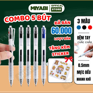 COMBO 5 Bút bi nước mực gel ngòi ST 0.5mm bút gel bấm đệm tay nhanh khô, bút bi nước mực gel