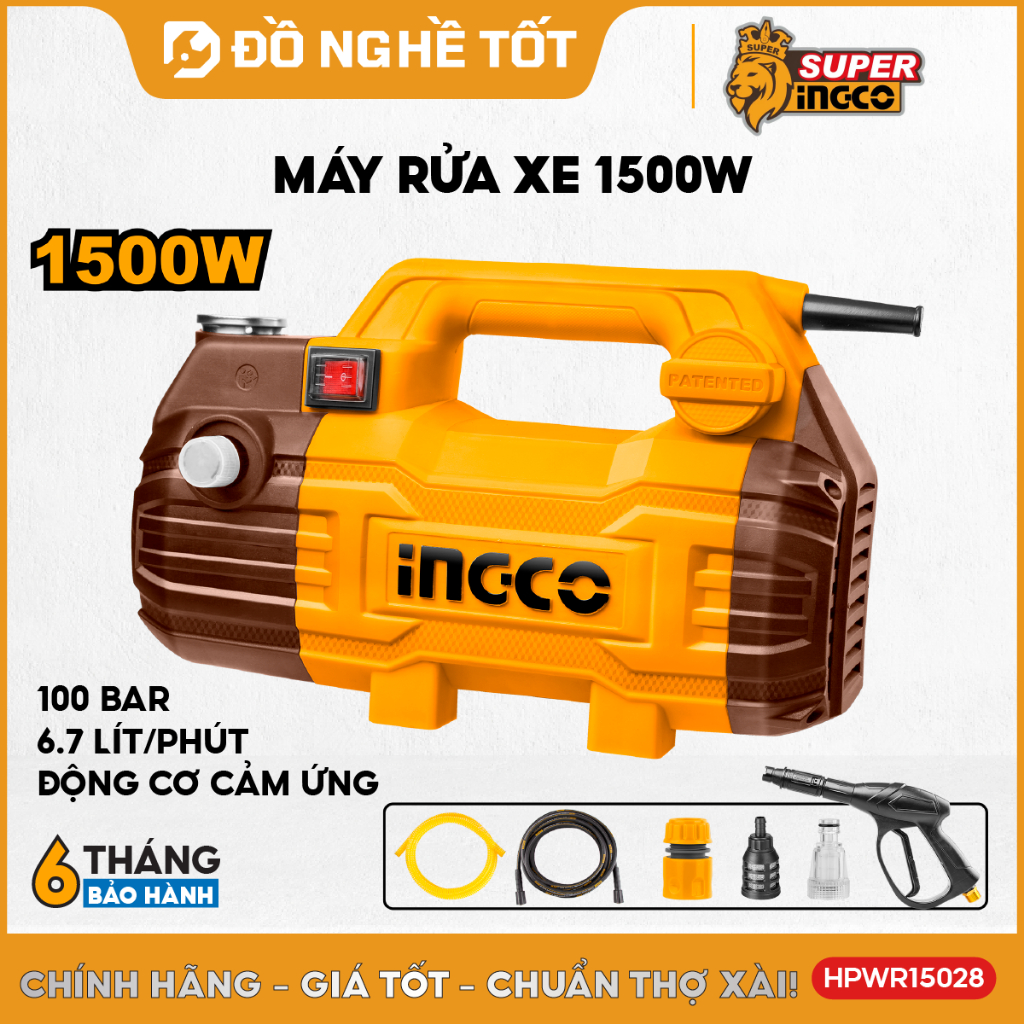 Máy xịt rửa INGCO HPWR15028 công suất 1500W, motor từ dây đồng không chổi than, rửa xe, xịt rửa sân 