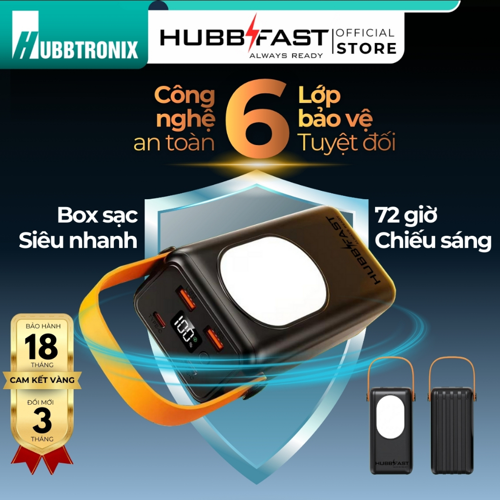 BOX SẠC HUBBFAST PD35 dung lượng 30000. Sạc Nhanh 22.5W, 72 giờ chiếu sáng,nhỏ gọn.Bảo Hành 18 Tháng
