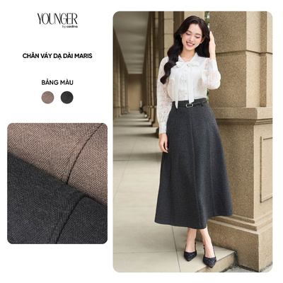 Chân váy nữ MARIS YOUNGER BY CARDINA chất liệu dạ xương cá cạp liền dáng dài 5YCVX07