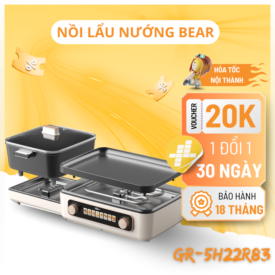 Nồi Lẩu Nướng Bear Chính Hãng Thiết Kế Gấp Gọn Công Suất 2100W Lẩu Nướng Đa Năng Kết Hợp GR-5H22R83