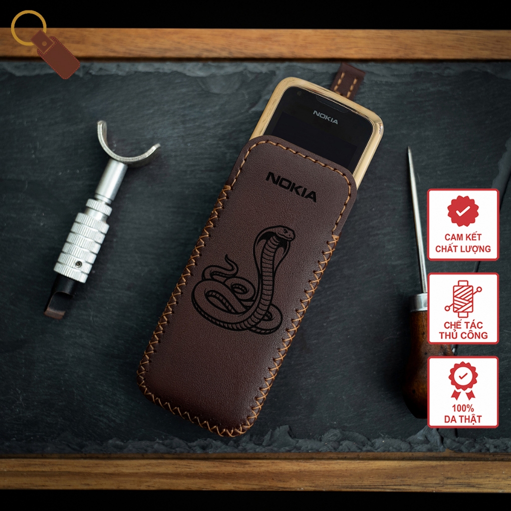 Bao da điện thoại N0kia 6700, 8800 - Khắc hình Tỵ (Rắn) - Chế tác thủ công từ da bò thật - Màu nâu