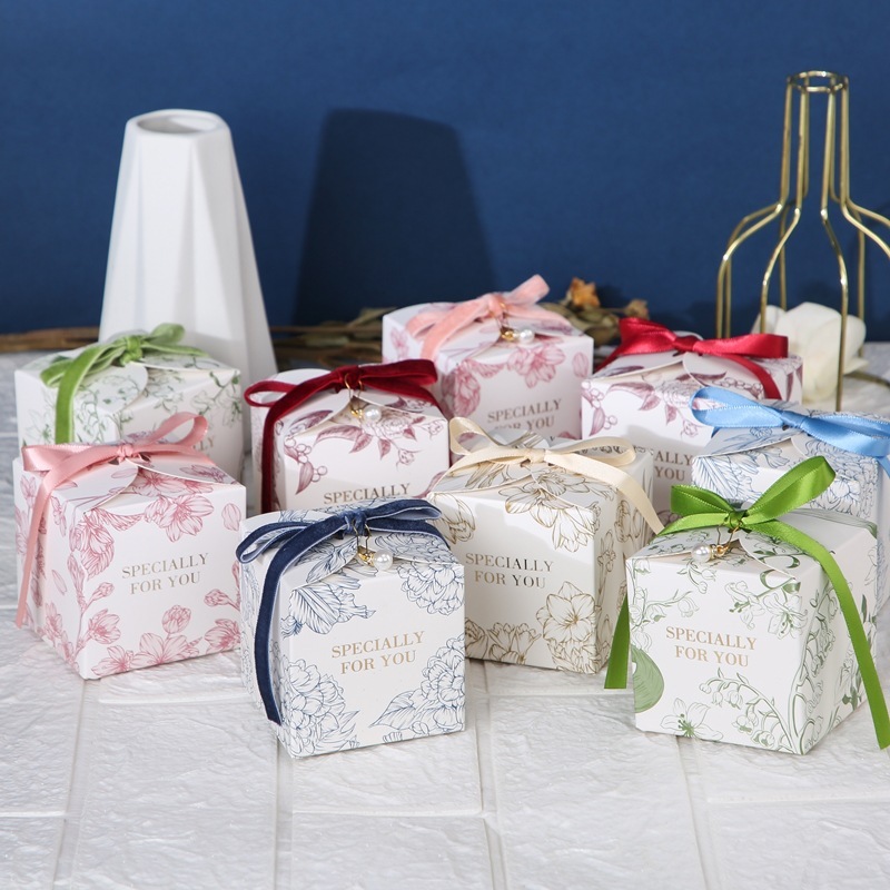 [set 100] [50] [20]Hộp đựng quà tặng (kèm nơ, ngọc) hộp quà cưới mini hoạ tiết hoa 4 mùa - Hộp đựng 