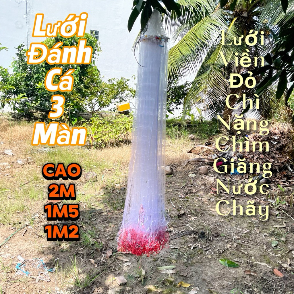 [Dài 50/100m] Lưới đánh cá 3 màng Viền đỏ, lưới bắt cá dây dù đỏ chì nặng 1,8kg-1,6kg-1,4kg Cao 2m-1