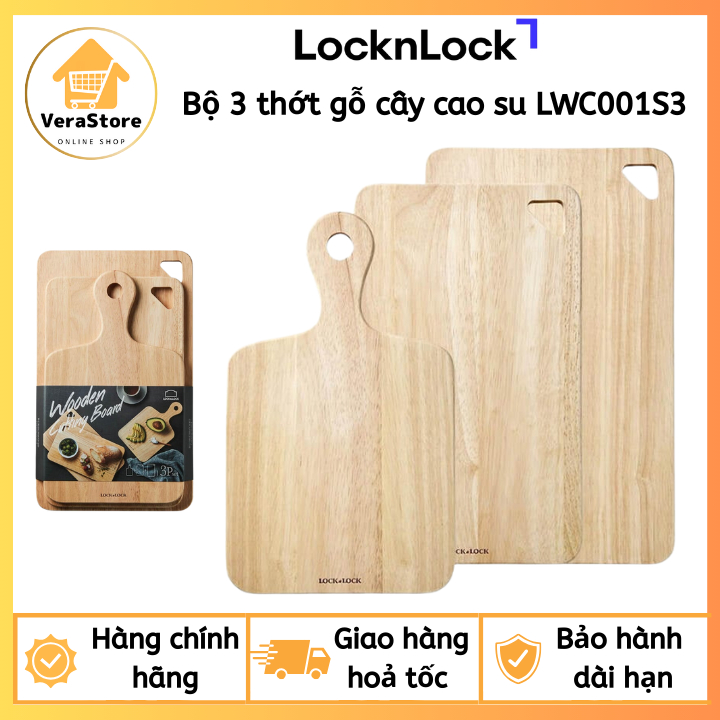 Bộ 3 Thớt Gỗ Cây Cao Su Lock&Lock LWC001S3 – 2 Thớt Chữ Nhật + 1 Thớt Ping Pong, An Toàn Cho Sức Khỏ