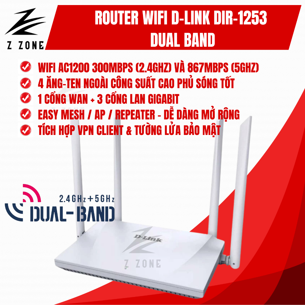 Bộ Phát WiFi Router D-Link DIR-1253 AC1200, Băng Tần Kép, Phát Sóng Ổn Định