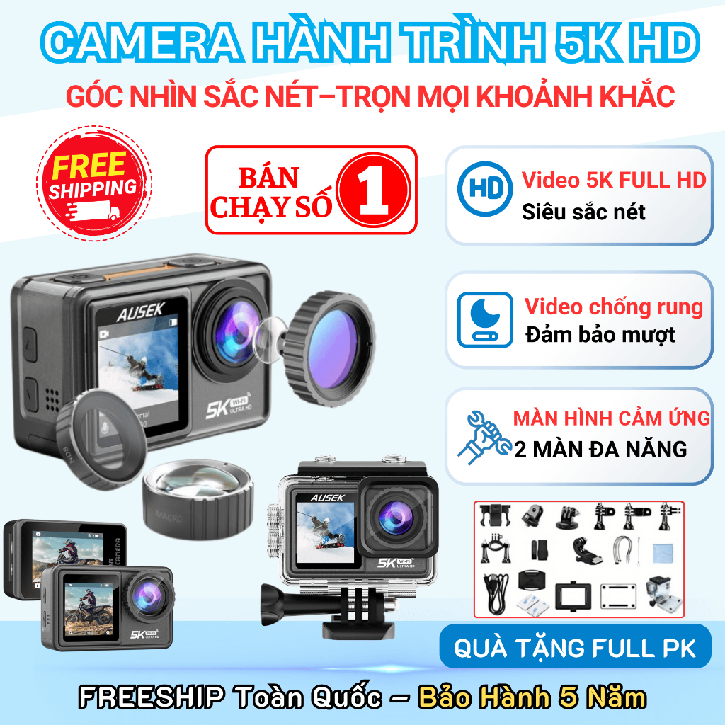 Camera hành trình, Gopro AUSEK S81, Máy ảnh mini 5K 2 màn hình cảm ứng, Pin 1350 mAh