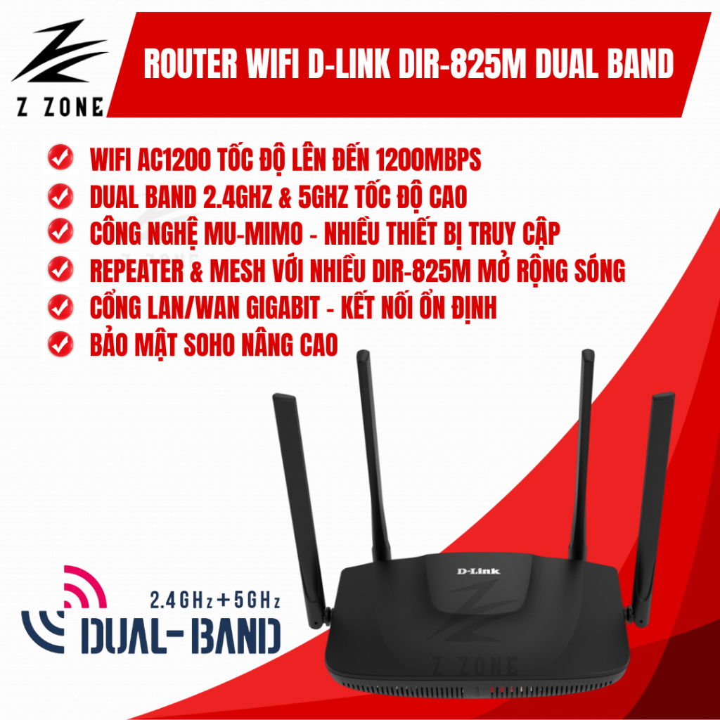 Bộ Phát WiFi Router D-Link DIR-825M AC1200, Băng Tần Kép, Cổng Gigabit