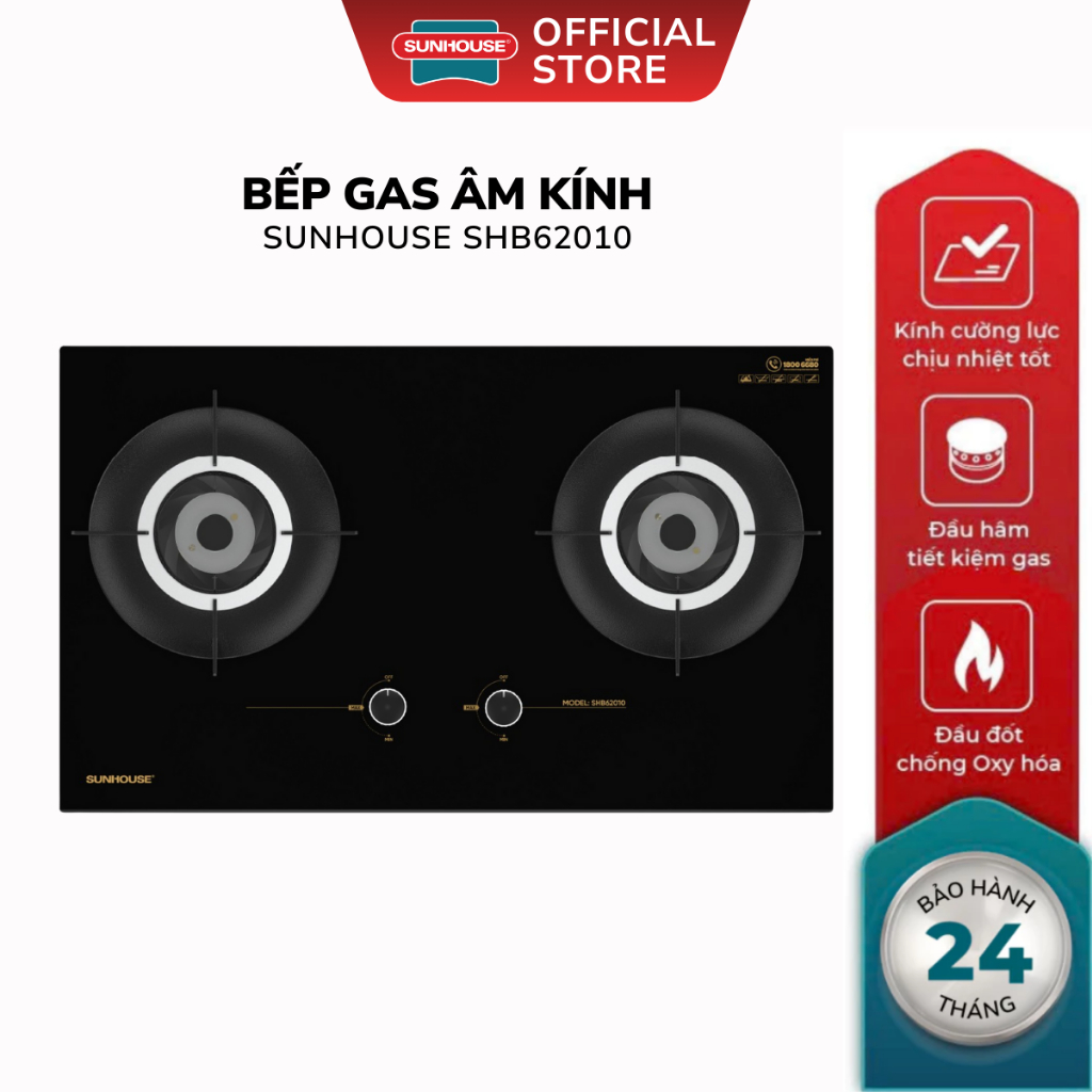 Bếp Gas Đôi Âm Kính Sunhouse SHB62010 - Bảo Hành 24 Tháng, Điếu Bếp Bằng Hợp Kim Gang,Tiết Kiệm Gas