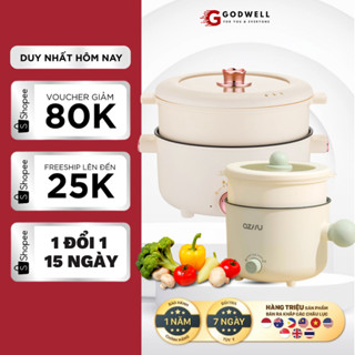  Nồi lẩu điện đa năng 4L GODWELL kèm giá hấp tráng men chống dính chiên xào nấu nướng cho gia đình 